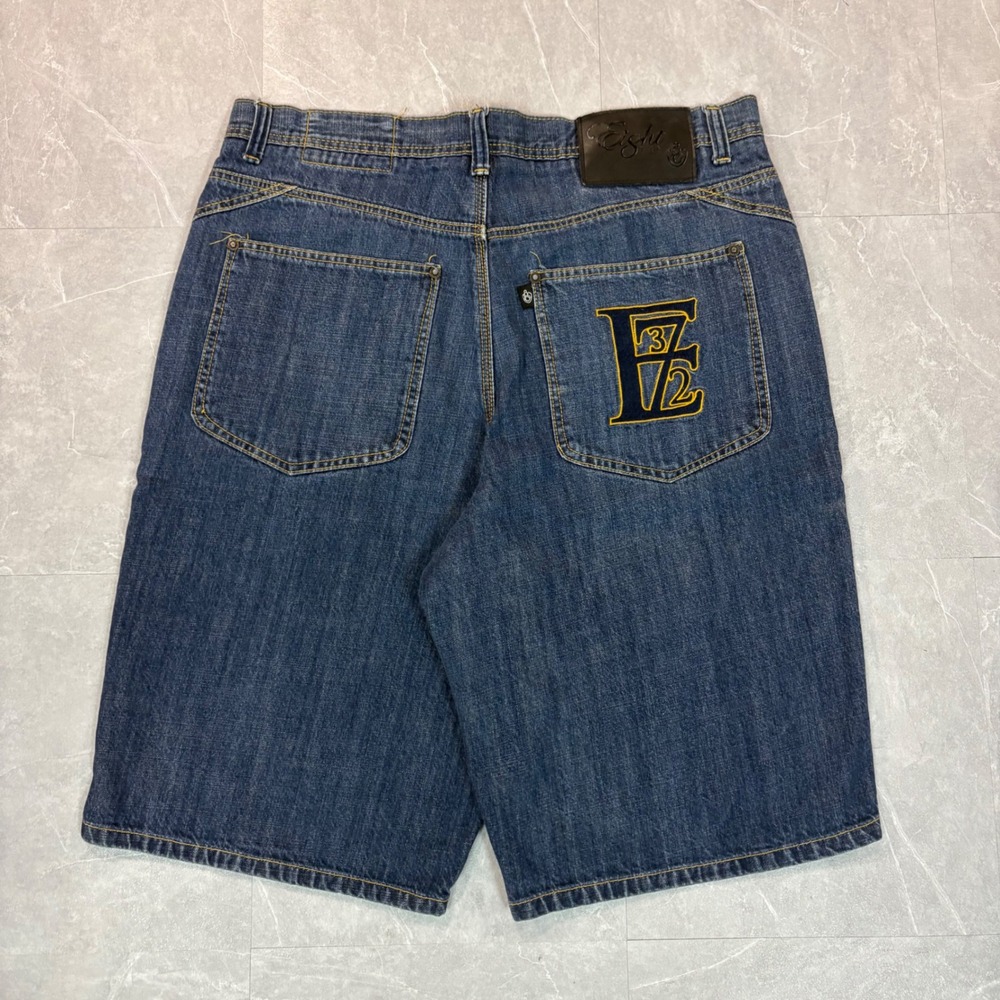 Eight 732 Mens Baggy Denim Shorts Y2K Streetwear Blue Embroidered Logo Size 38